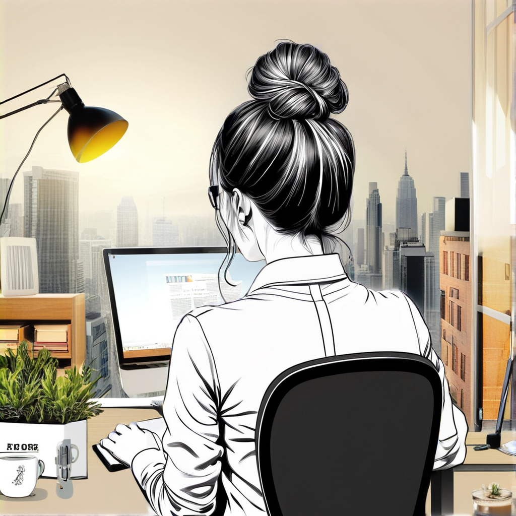 Line drawing of woman with messy bun working at desk.